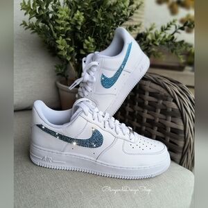 Bling Womens Nike Air Force 1 White Sneakers Shoes made with Blue Crystals